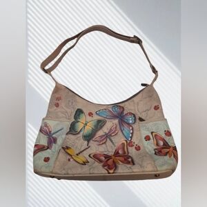 Anuschka Multicolor Butterfly Painted Artwork Leather Shoulder Bag